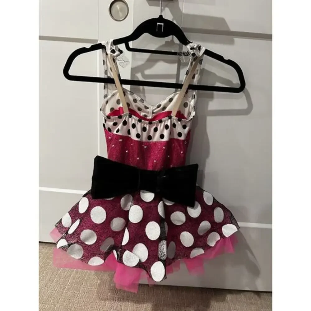 A Wish Come True Dance Costume Girl Child‎ Medium Girls Pink Polka Dot Bow - Picture 2 of 3